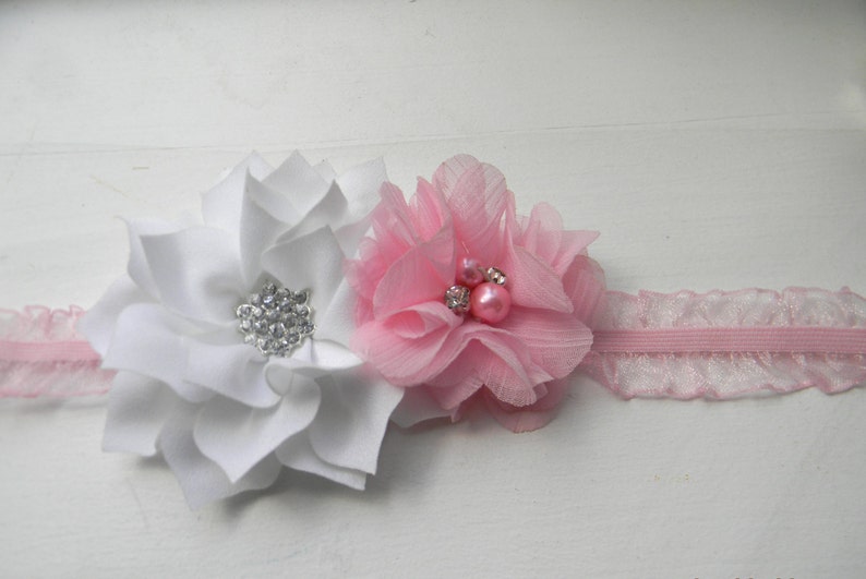 girl birthday gift baby shower gift, cake smash outfit flower girl headband light pink elastic headband white flower headband