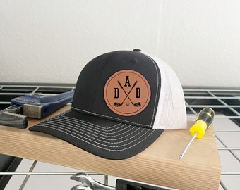 Golf Dad Hat Leather Patch, Gameday Hats and Caps for Him, Trucker Hat for Dad Fathers Day Gift, Snapback Hat Men, Crossed Golf Clubs Hat