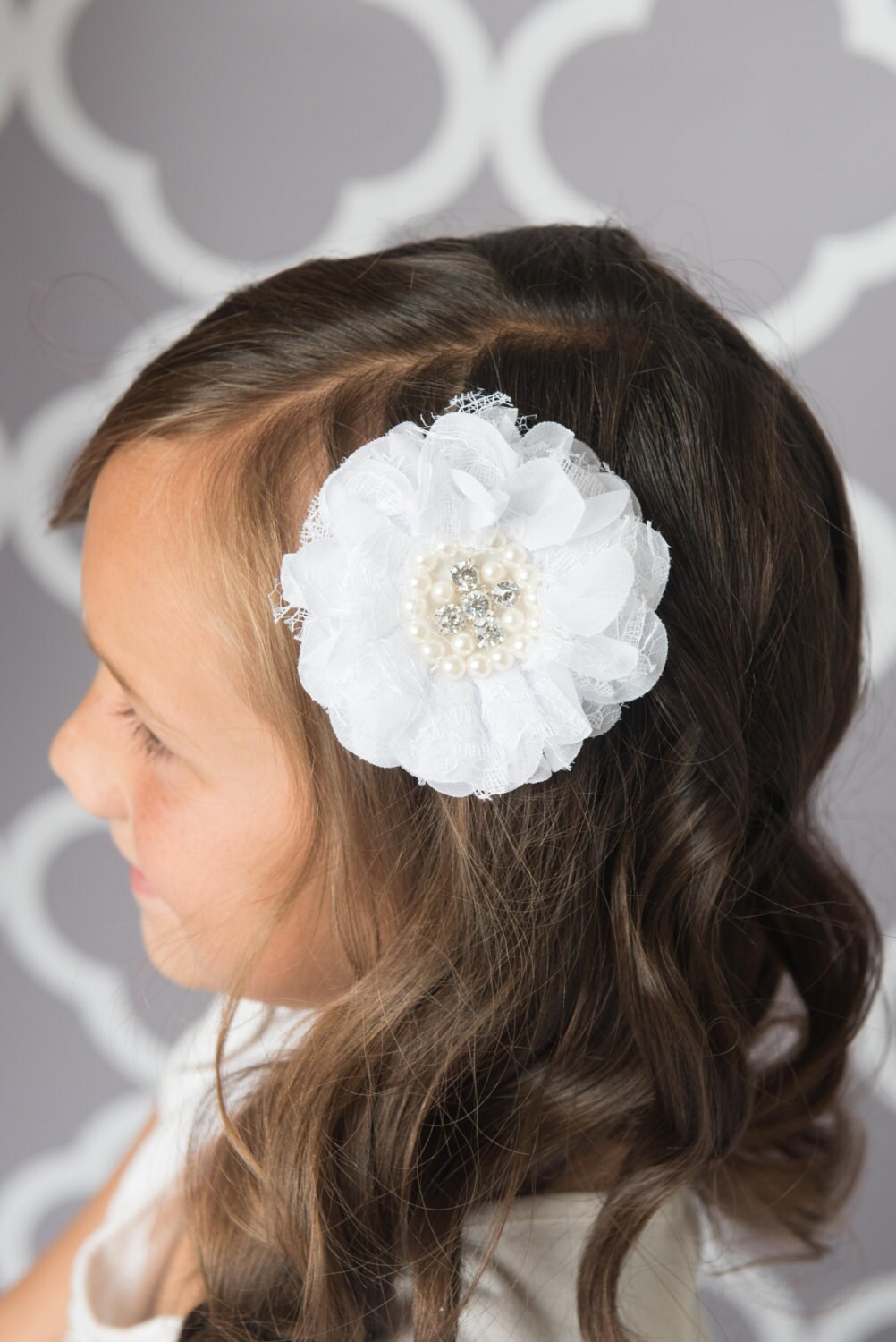 white chiffon flower clip girl hair bow white lace clip Etsy