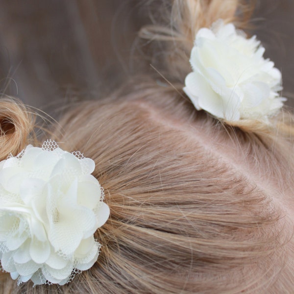 Ivory Satin clips, 2  cream Mesh Puffs, Boutique Style, Petite Bows, Shabby Chic Clips, Toddler Hair Bows, Baby bow, Baby Girl Clip