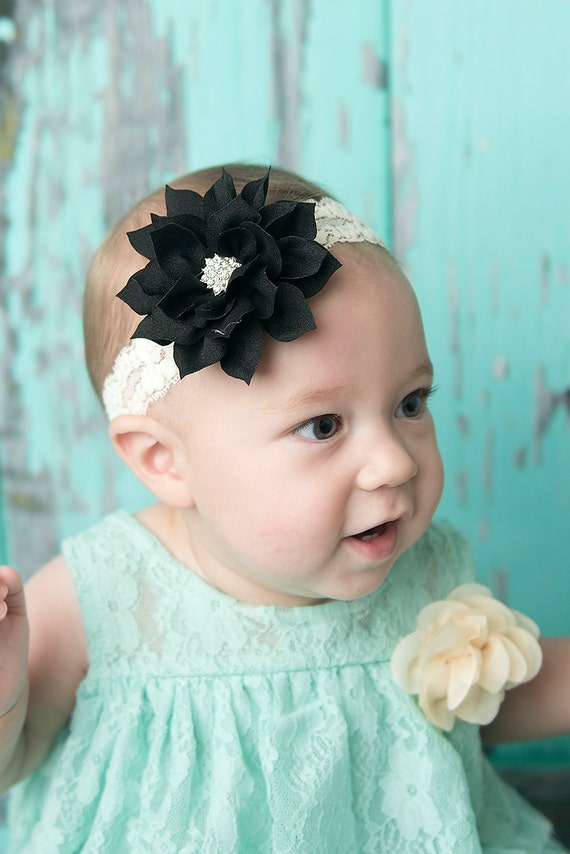 Ivory Elastic Headband Black Flower Headband Toddler Etsy