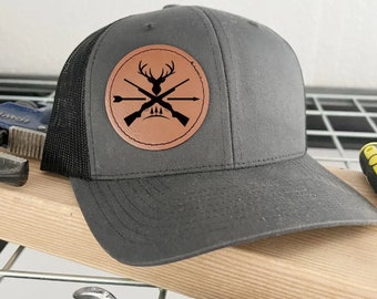 Deer Hunter Cap for Dad, Hunting Gift for Men, Deer Hunting Cap Leather Patch, Personalized Deer Hunting Hat and Caps, Hunter Gift Idea