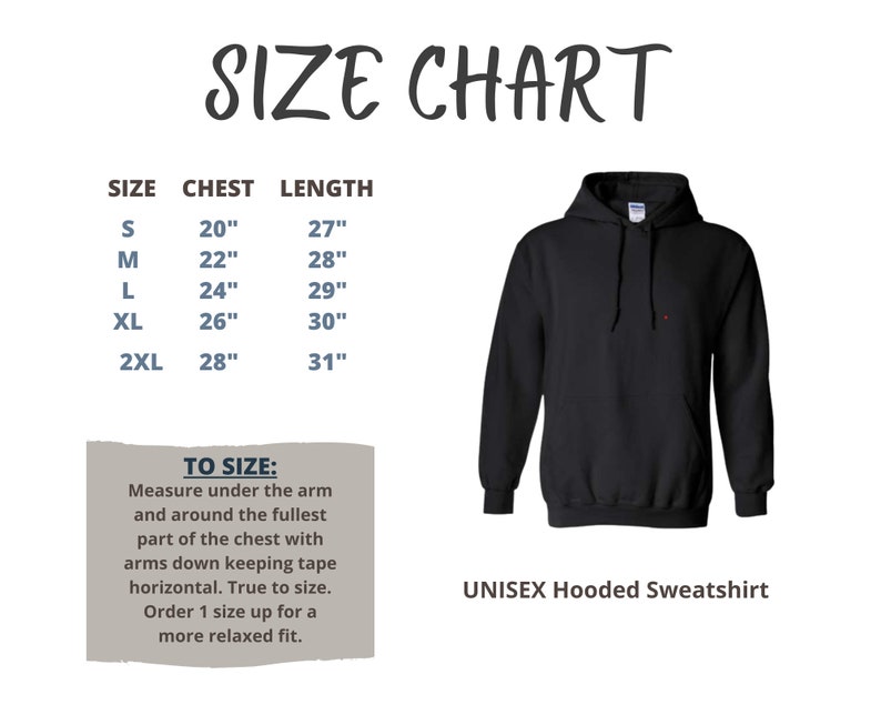 a size chart for a hoodie sweatshirt