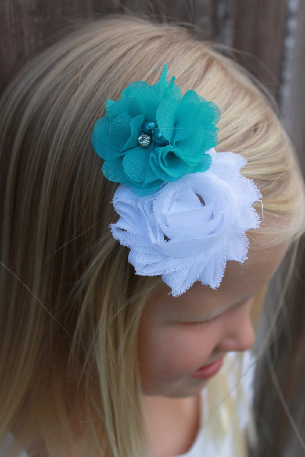 White hair clip teal hair clip flower hair clip girl hair Etsy