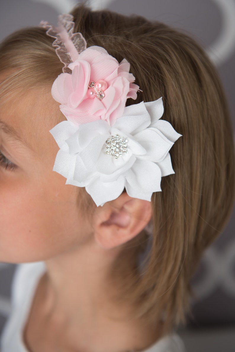 girl birthday gift baby shower gift, cake smash outfit flower girl headband light pink elastic headband white flower headband