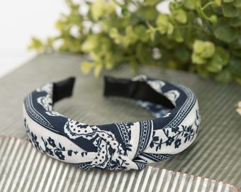 navy floral knotted hard headband for girl, womens hard headband for women, girl headband with bow, navy knotted headband for women headband