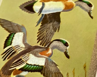 1 Mallard wild Ducks flying sage green swap card