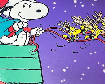 1 Snoopy Christmas card Woodstock Schultz doghouse sleigh