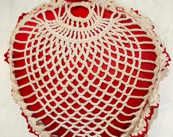1 Red Heart shaped vintage crocheted pin cushion