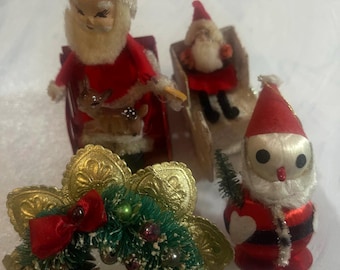 Vintage Japan Christmas Miniatures Lot: Santas, Sleighs, Wreath, Deer