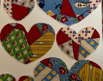 8 Vintage Fabric Heart Embellishments - Handcut from antique two-sided fabric