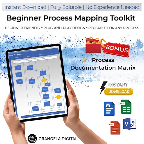 Process Mapping, Beginner, Process Map, Workflow, Process Improvement, Documentation Matrix, Guide, Editable, Word, Excel, PowerPoint, Visio