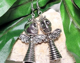 Pendientes de calavera con ángel para Halloween - Joyería bañada en plata