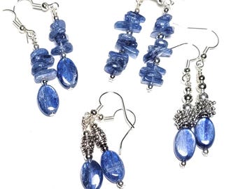 Pendientes de cianita, plata de ley, pendientes colgantes, joyería de piedra preciosa azul