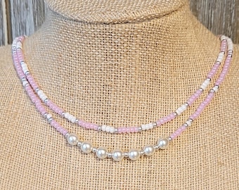 Pink and White Pearl Two-Strand Seed Bead Choker - Seed Beed Choker - Seed Bead Necklace - Pink Bead Necklace - Pearl Choker