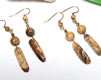 Pendientes colgantes de jaspe pictórico - Joyería de piedra marrón y dorada