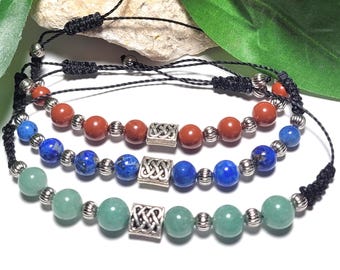 Pulsera ajustable de cuentas de piedra – Jaspe rojo, lapislázuli vaquero, aventurina verde