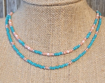 Turquoise and Salmon Two-Strand Seed Bead Choker - Seed Beed Choker - Seed Bead Necklace - Turquoise Bead Necklace - Seed Bead Jewelry