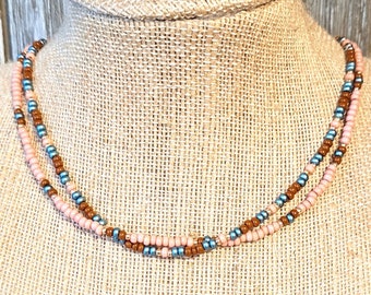 Brown Teal and Salmon Two-Strand Seed Bead Choker - Seed Beed Choker - Seed Bead Necklace - Brown Seed Bead Choker - Salmon Seed Bead Choker