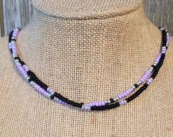 Black and Purple Two-Strand Seed Bead Choker - Seed Beed Choker - Seed Bead Necklace - Black Seed Bead Choker - Purple Seed Bead Choker