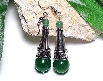 Pendientes de cuarzo verde - Pendientes colgantes de aventurina cónica plateada