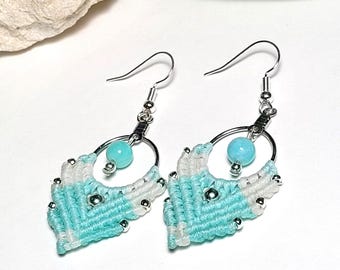 Boho Macrame Earrings - Blue Macrame Beaded Hoop Earrings - Blue and Silver Earrings - Light Blue Macrame Earrings - Macrame Jewelry