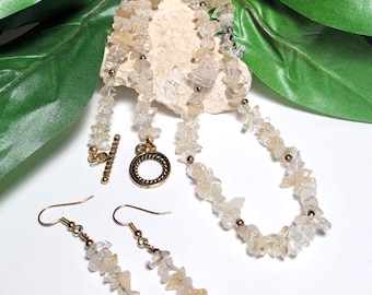 Conjunto de collar y pendientes con chip de citrino – Joyería chapada en oro