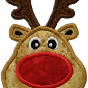 May include: A brown and tan felt reindeer applique with a red felt nose and black eyes. The reindeer has a stitched smile and brown felt antlers.