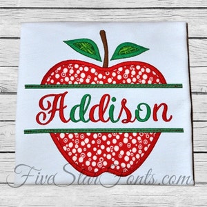 May include: Red apple with white polka dots and green leaves, with the name Addison in red and green letters on a white background.