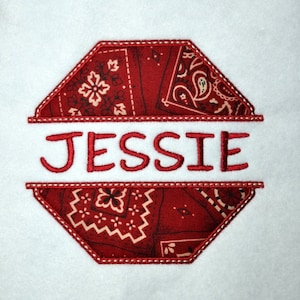 May include: Red and white bandana pattern with a white stitched border in the shape of an octagon. The name "JESSIE" is stitched in red across the center.