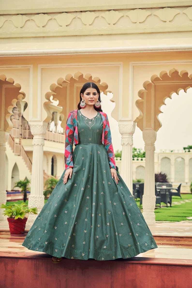 Peacock Green Silk Embroidered Designer Gown with Jacket
