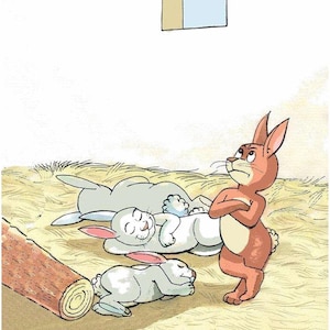 May include: Illustration of a cartoon scene featuring three rabbits. Two gray rabbits are sleeping on hay, while a brown rabbit with crossed arms looks on with a stern expression. A wooden log is in the foreground.
