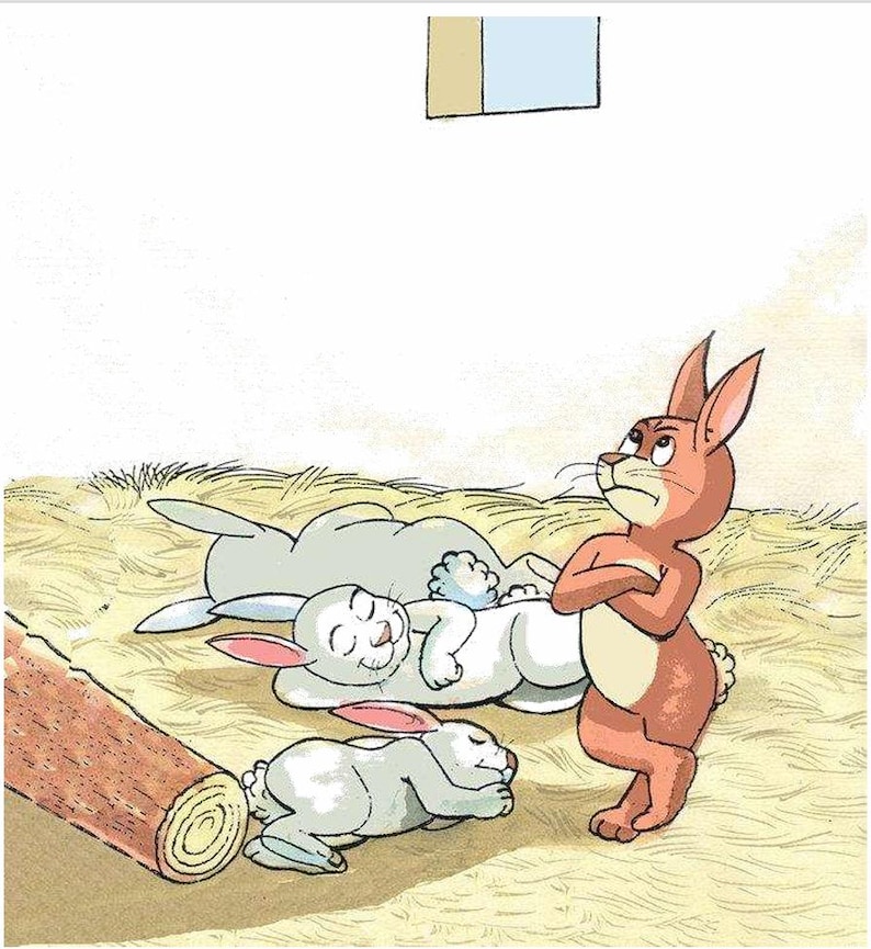 May include: Illustration of a cartoon scene featuring three rabbits. Two gray rabbits are sleeping on hay, while a brown rabbit with crossed arms looks on with a stern expression. A wooden log is in the foreground.