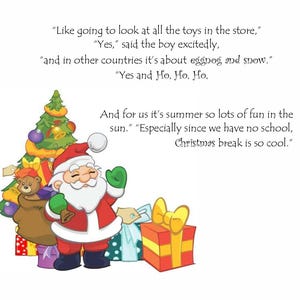 May include: A cartoon illustration of Santa Claus in a red suit and green gloves, standing next to a decorated Christmas tree and wrapped gifts. Text includes phrases about summer and Christmas break.