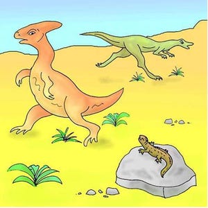 May include: A cartoon illustration of a prehistoric scene featuring three dinosaurs. An orange Parasaurolophus is walking, a green dinosaur is running, and a small lizard rests on a rock. The background is yellow with green plants.