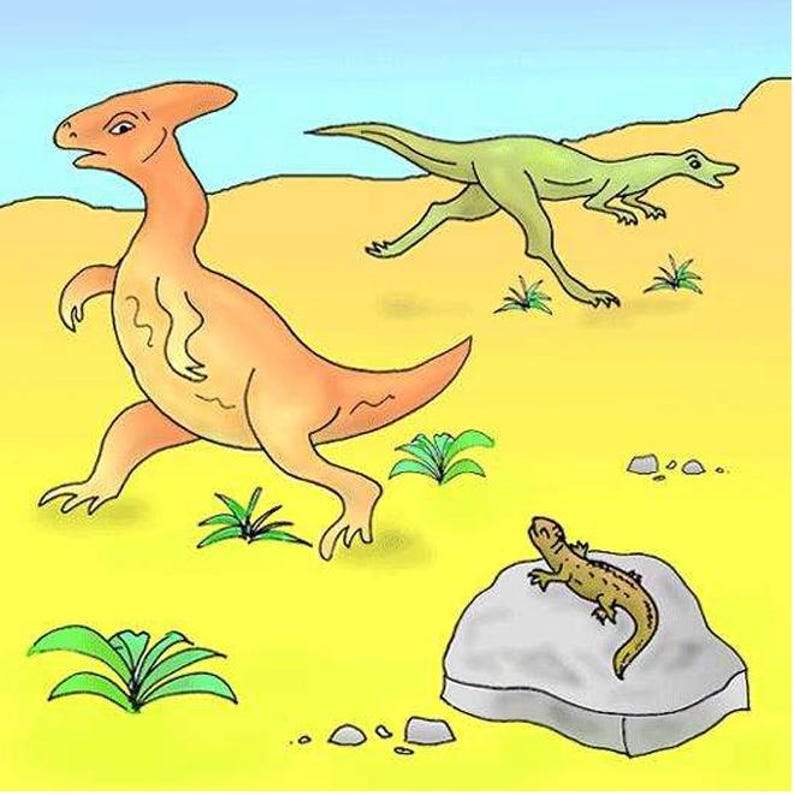 May include: A cartoon illustration of a prehistoric scene featuring three dinosaurs. An orange Parasaurolophus is walking, a green dinosaur is running, and a small lizard rests on a rock. The background is yellow with green plants.