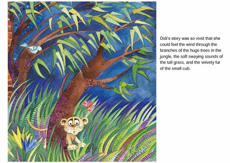 May include: Watercolor illustration of a jungle scene with a lion cub peeking out from behind tall grass. A blue bird perches on a tree branch. Text reads, "Didi's story was so vivid..."