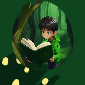 May include: An illustration of a young person with black hair and blue eyes, wearing a green hooded jacket, reading a green book with white pages. The background shows a forest scene, framed by a green oval with yellow dots.