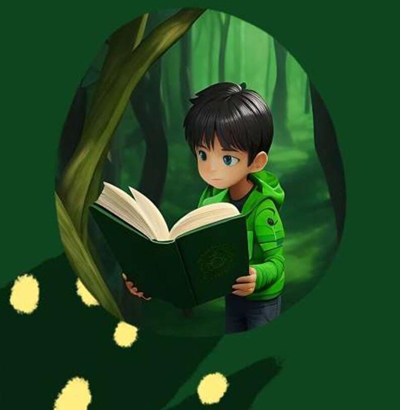 May include: An illustration of a young person with black hair and blue eyes, wearing a green hooded jacket, reading a green book with white pages. The background shows a forest scene, framed by a green oval with yellow dots.