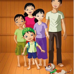 May include: A cartoon illustration of a family of five, smiling and standing together on a wooden floor. The family includes two children, a teenager, and two adults. A small dog with a green collar is in the foreground.