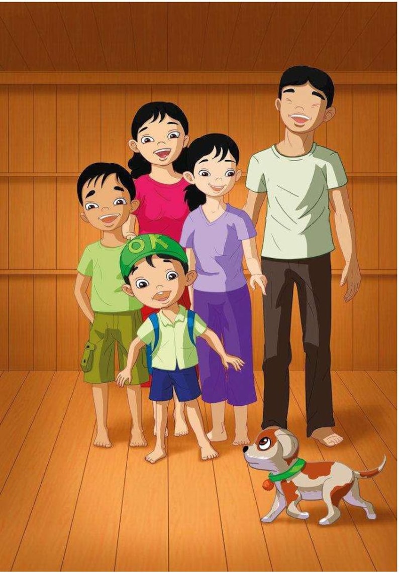 May include: A cartoon illustration of a family of five, smiling and standing together on a wooden floor. The family includes two children, a teenager, and two adults. A small dog with a green collar is in the foreground.