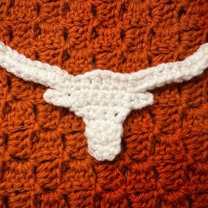 May include: White crocheted Longhorn steer head with horns, on a burnt orange crocheted background.
