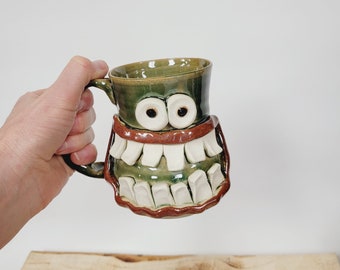 Crazy Happy Smiley Face Mug Googly Eyes Funny Coffee Cups. Green Stoneware Pottery Mug. Unique Cool Coffee Cups. Handmade. Hourglass Style