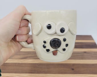 Handmade Pottery Dog Mug | Ug Chug Animal Face Coffee Cup | Cream White