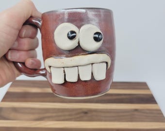 Funny Face Mug: Cinnamon Red Stoneware Pottery, Handmade Coffee Cup