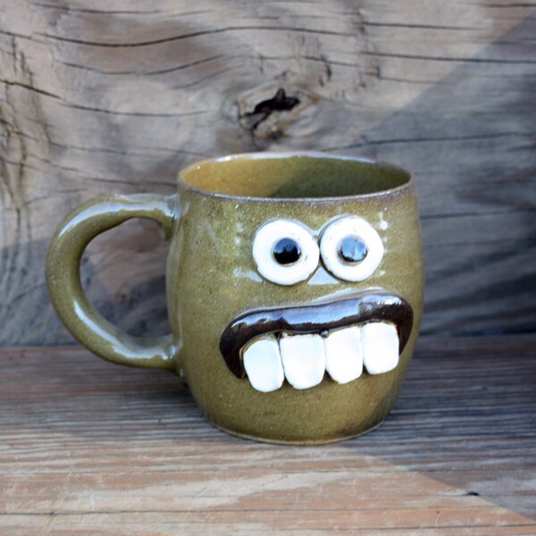 Stoneware Pottery Mug. 12 Ounce Coffee Cup Funny Buck Tooth Face Mug. Not a Morning Person. Warm Honey Amber.