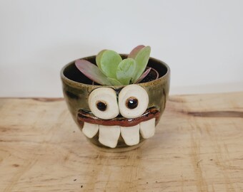 GIFTS for MOM. Small Succulent Planter. Green Face Pot Indoor Planter. Ceramic Clay Stoneware Pottery Container Nelson Studio Plant Lover.