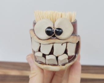 Handlebar Mustache Toothpick Holder. Handcrafted Stoneware Face Pottery. Nelson Studio Ug Chugs Fun Barware Party Supplies Husband Boyfriend