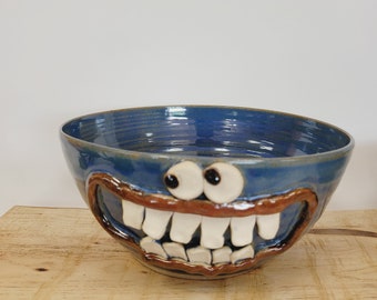 Popcorn Bowl. Nelson Studio UGCHUG Face Pot. Serving Bowl. Blue. Handmade Stoneware Pottery. Fun Bread Salad Pasta Dishes. Dentist Bowl.