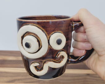 Monocle Mustache Mug | Handmade Stoneware Pottery Coffee Cup | LEFT-HANDED